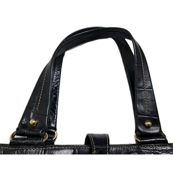 Dooney Bourke Black Crocodile Embossed Leather Logo Lock Hobo Bag Tote Alligator - Picture 3 of 14